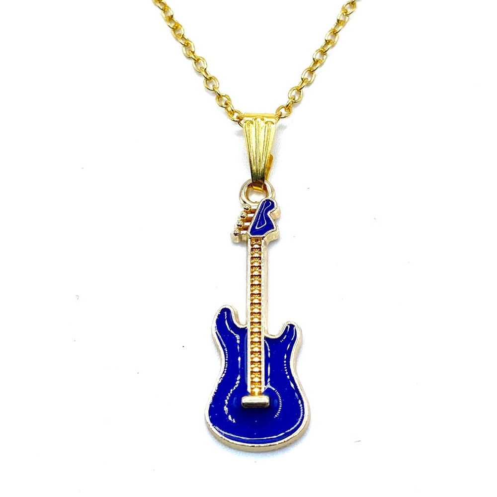 Blue And Gold Guitar Pendant Necklace
